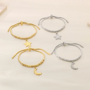 Adjustable stainless steel star and moon charm bracelets with beaded chain in gold and silver