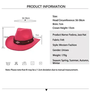 Rose red fedora jazz hat with brown belt buckle and detailed size dimensions