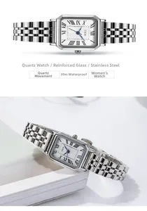 Close-up of square women's watch with steel band, Roman numerals and blue hands