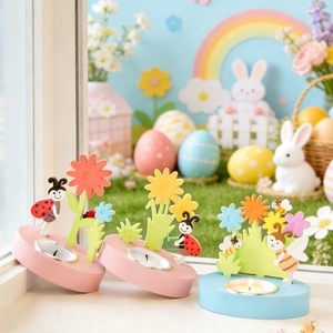 Easter floral rooster and bee tealight candle holder set for spring home decoration