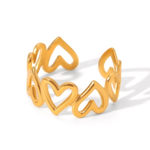 Detail of golden adjustable open ring featuring hollow heart shapes in a continuous pattern