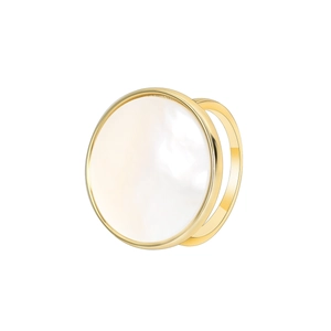 Minimalist gold-plated ring with a large round white shell inlay on a white background