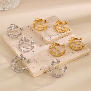 French Vintage Multi Layer C Shape Hoop Earrings For Women Geometric Textured Smooth Stainless Steel Jewelry