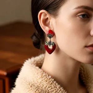 Vintage heart-shaped strawberry earrings with red enamel and gold-tone finish for women