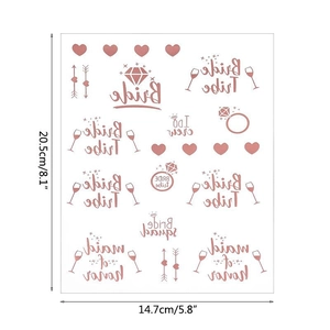 Rose gold bridal shower tattoo sheet showing dimensions 14.7cm by 20.5cm for weddings