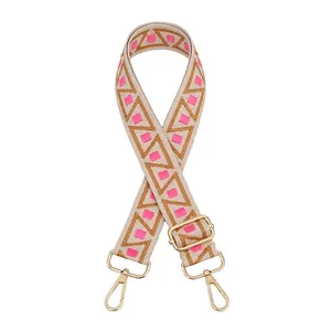 Adjustable colorful shoulder strap with geometric embroidery and gold metal buckles