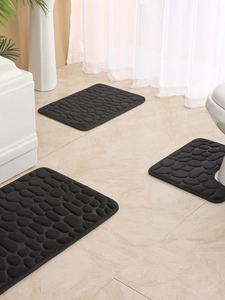 3-piece black bathroom mat set with pebble texture including rectangular and U-shaped rugs