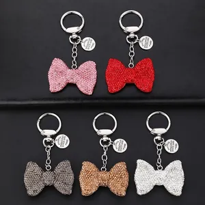 Fashion Sparkling Alloy Rhinestone Bowknot Keychain For Women Elegant Bag Charm Car Key Ring Accessories With Metal Tag