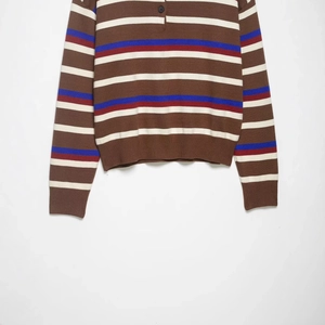 Women's striped knit long sleeve polo sweater with multi-color horizontal patterns