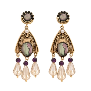 Vintage gold drop earrings with purple crystals and royal baroque palace style accents
