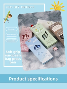 Macro view of 0.5mm gel ink pens with soft ergonomic grips in blue themed packaging