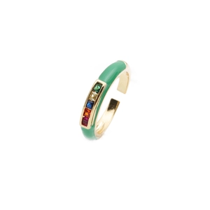 Detail of green enamel gold ring featuring five colorful vertically set square zircons