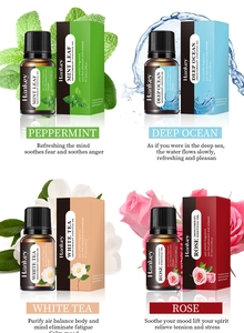 Quatre huiles essentielles 10ml en Menthe, Océan, Thé Blanc et Rose avec emballages cadeau