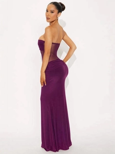 Sexy purple tube top bodycon dress with sheer mesh patchwork and a slim fit for women