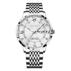 Men's silver stainless steel watch with diamond markers and day-date display