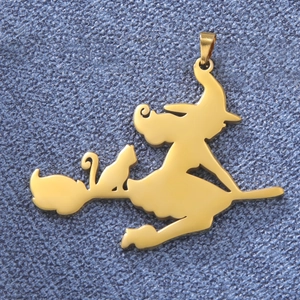 Golden stainless steel hollow pendant featuring a witch and black cat riding a broom