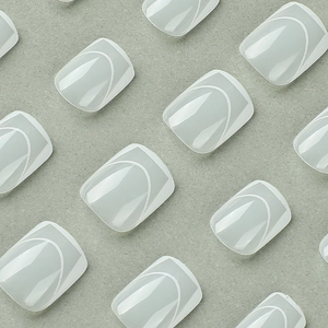 Short square white French tips press-on nails with minimalist curved line designs