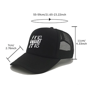 Black 'IT IS WHAT IT IS' trucker hat with breathable mesh and 55-59cm adjustable sizing