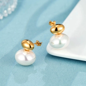 Elegant 14k gold plated stainless steel stud earrings with white button pearls