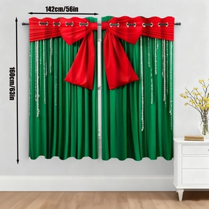 Detailed view of Christmas themed curtains with red bows and green fabric measuring 142x160cm
