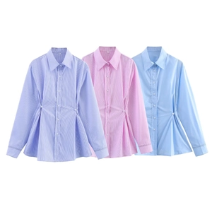 Chemisier Femme Polyester Manches Longues Col Revers Taille Cintrée Plissée Bureau Élégant Coupe Ajustée Hauts