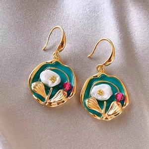 French vintage Monet Garden enamel earrings with white pearl flowers and red crystals
