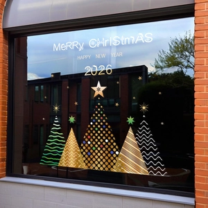 Golden Christmas tree window stickers with Merry Christmas and 2026 New Year lettering