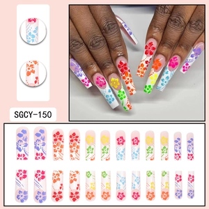 Long ballet press on nails with colorful tropical floral patterns and french tips