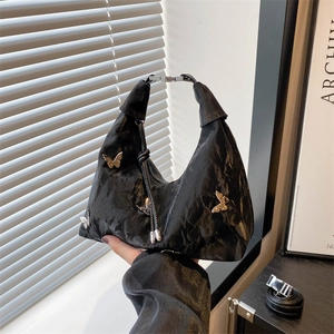 Butterfly Decoration Shoulder Bag PU Leather Crinkled Texture Adjustable Strap Y2K Trendy Underarm Hobo Bag For Women