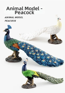 Detailed view of three realistic peacock models with blue, white and green feather textures