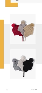 Detailed knit texture and faux fur pompom on thick winter beanies in multiple colors