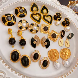 Vintage French Stud Earrings For Women With Silver Earring Post Alloy Enamel Flower Geometric Heart Imitation Artificial Pearl