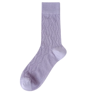 Pastel purple pointelle knit crew socks with elegant wavy hollow texture for women