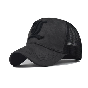 Classic black trucker hat with 3D gothic L embroidery and breathable mesh back