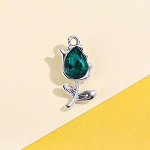 Silver tulip pendant with emerald drop gemstone for DIY necklaces and bracelets