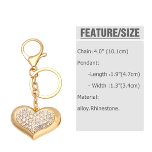 Detail view of heart-shaped rhinestone keychain with dimensions and alloy material specs
