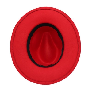 Top view detail of a red wool fedora interior showing black sweatband and clean stitching