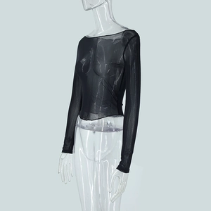 Detail of sheer black mesh fabric and long sleeve stitching on slim-fit crop top