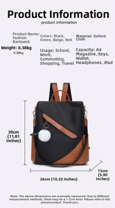 Detail view of large capacity waterproof backpack with A4 size storage and pompom