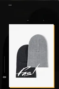 Detail of ribbed knit grey and dark grey balaclava hats for autumn winter protection