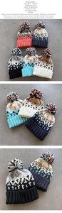 Detail view of colorful knitted beanie showing jacquard diamond pattern and faux fur pompom