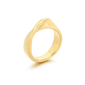 Modern minimalist gold wide twisted ring with polished finish and artistic open design