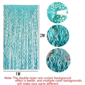 Detail of blue foil fringe curtain with silver stars for party backdrop decoration 1x2M