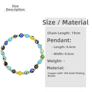 Detail showing 19cm handmade evil eye beaded bracelet with 18K gold-plated beads