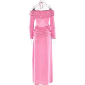 Detailed back view of pink off-the-shoulder maxi dress with ruched chiffon pleats