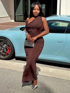 Elegant one-shoulder ruched chocolate maxi dress with a slim fit silhouette for women