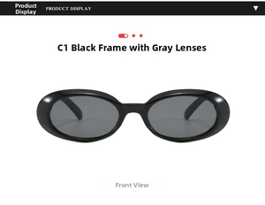 Detailed front view of oval retro sunglasses with a glossy black frame and grey lenses