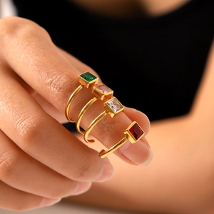 Square Cubic Zirconia Ring 18K Gold Plated Stainless Steel Adjustable Open Geometric Luxury Jewelry Gift For Women