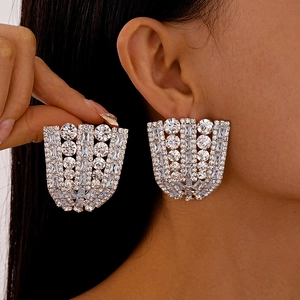 Luxury Fan Shaped Statement Earrings Copper With Zircon And Silver Earring Post Geometric Jewelry For Women