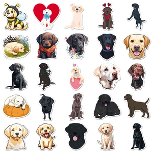 Detail view of 25 unique cartoon Labrador stickers with bees and hearts for decoration
